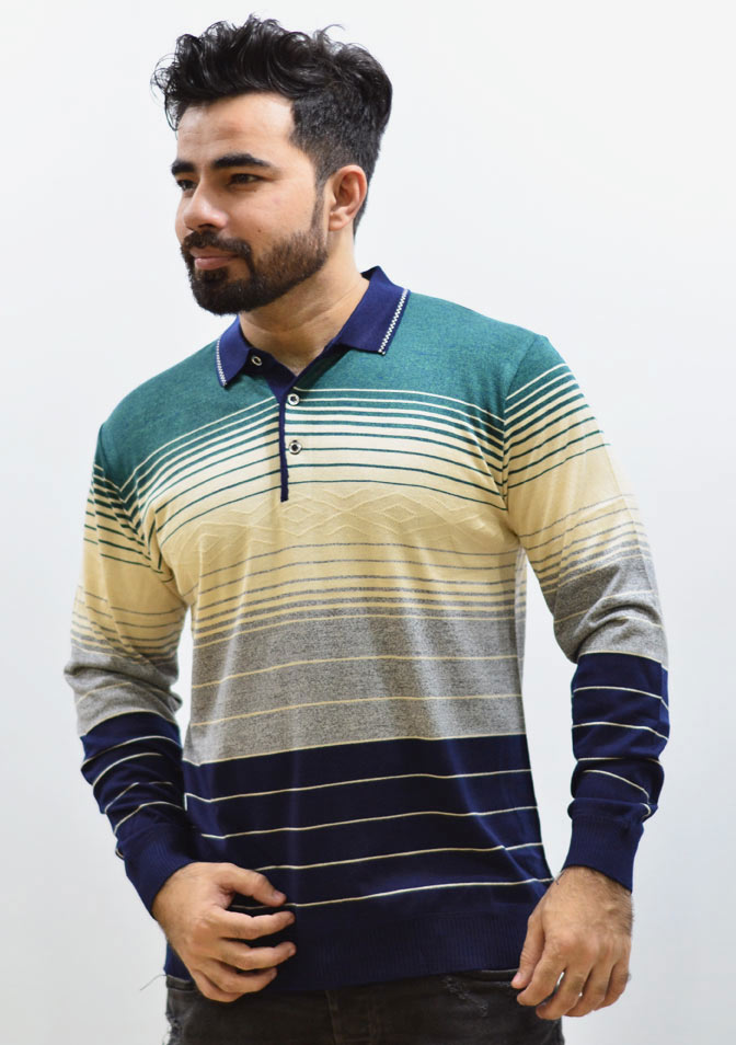Green with three colors,  Polo Strip Sweater
